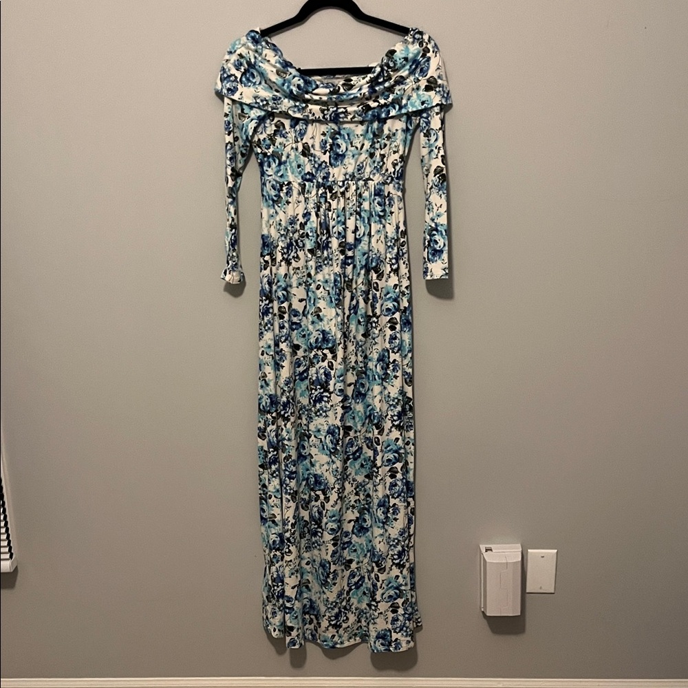 Off-Shoulder Blue Floral Maxi Dress